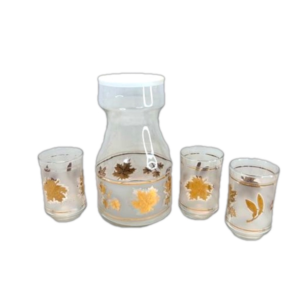 Vintage Libbey 3 Juice Glasses Gold Maple Leaf Frosted Lidded Kraft Pitcher MCM